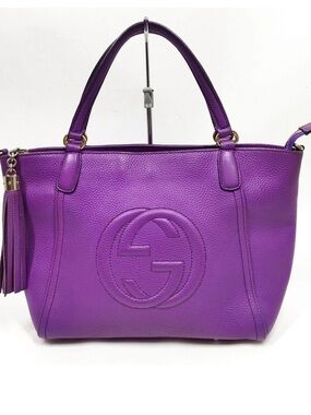 Gucci Soho GG Logo Pebbled Leather Tote Bag Purple Tassel